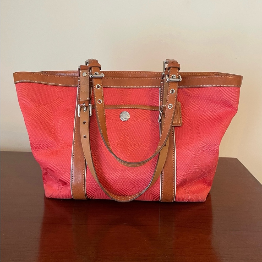 Coach Coral and Tan Leather Trim Tote